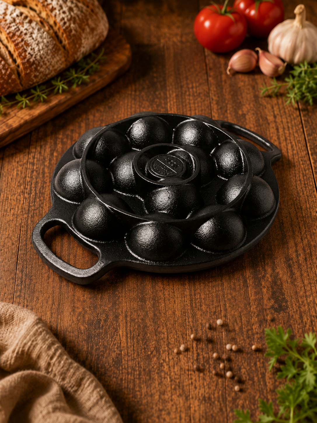 Roca Triton High Grade Cast Iron 12 Cavity Multi Snack Pan | Pre Seasoned | Includes Cotton Handle Sleeves and Storage Bag