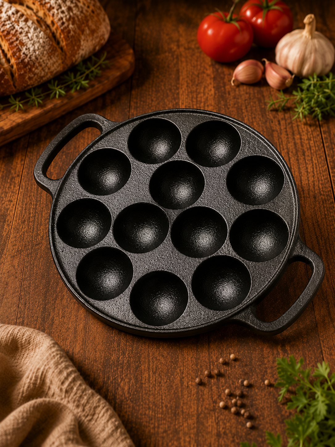 Roca Triton High Grade Cast Iron 12 Cavity Multi Snack Pan | Pre Seasoned | Includes Cotton Handle Sleeves and Storage Bag