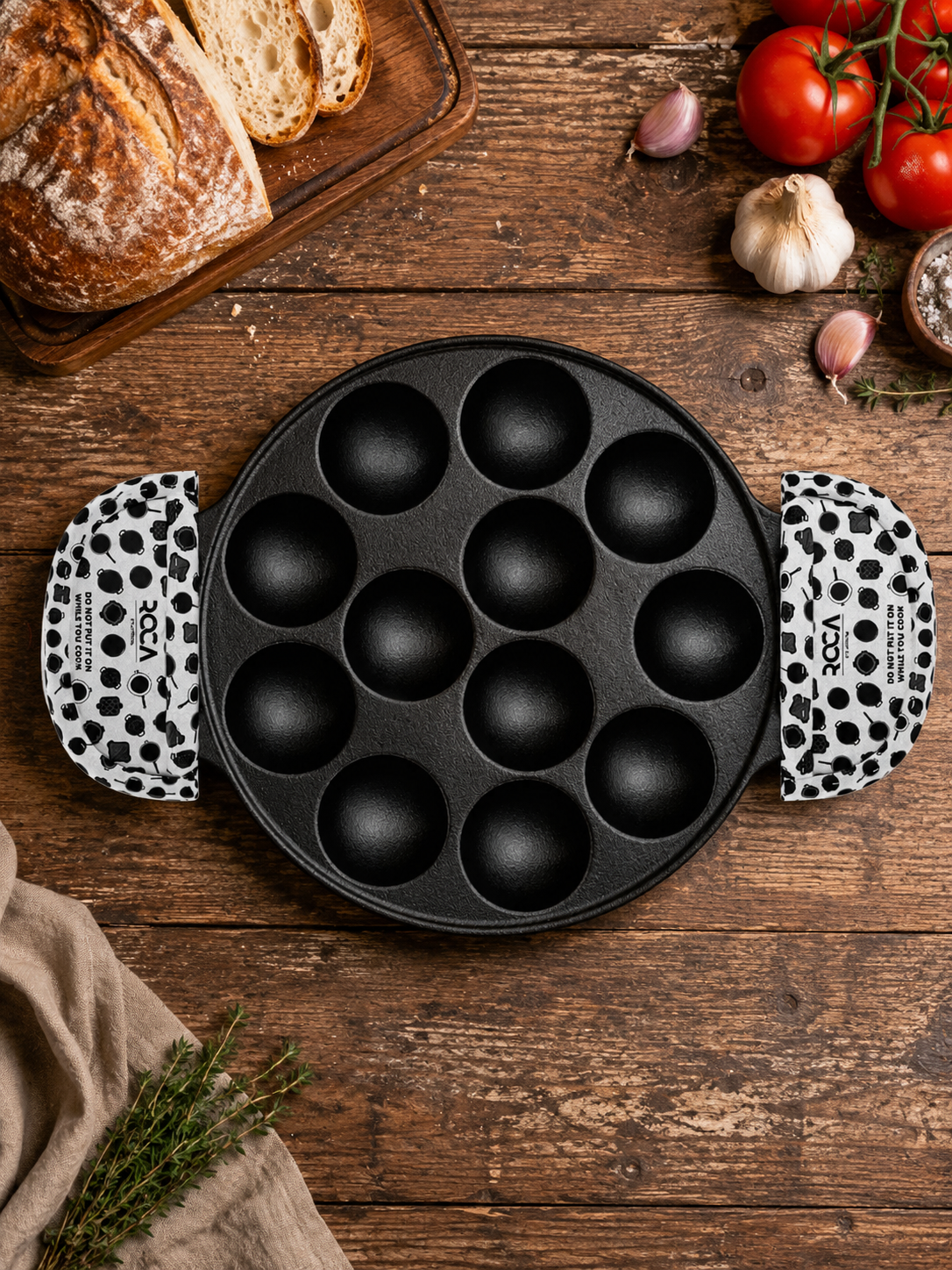 Roca Triton High Grade Cast Iron 12 Cavity Multi Snack Pan | Pre Seasoned | Includes Cotton Handle Sleeves and Storage Bag