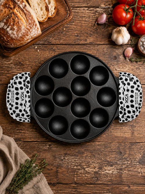 Roca Triton High Grade Cast Iron 12 Cavity Multi Snack Pan | Pre Seasoned | Includes Cotton Handle Sleeves and Storage Bag