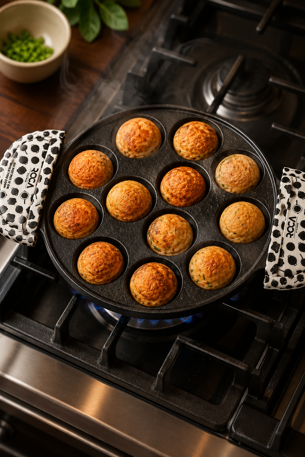 Roca Triton High Grade Cast Iron 12 Cavity Multi Snack Pan | Pre Seasoned | Includes Cotton Handle Sleeves and Storage Bag