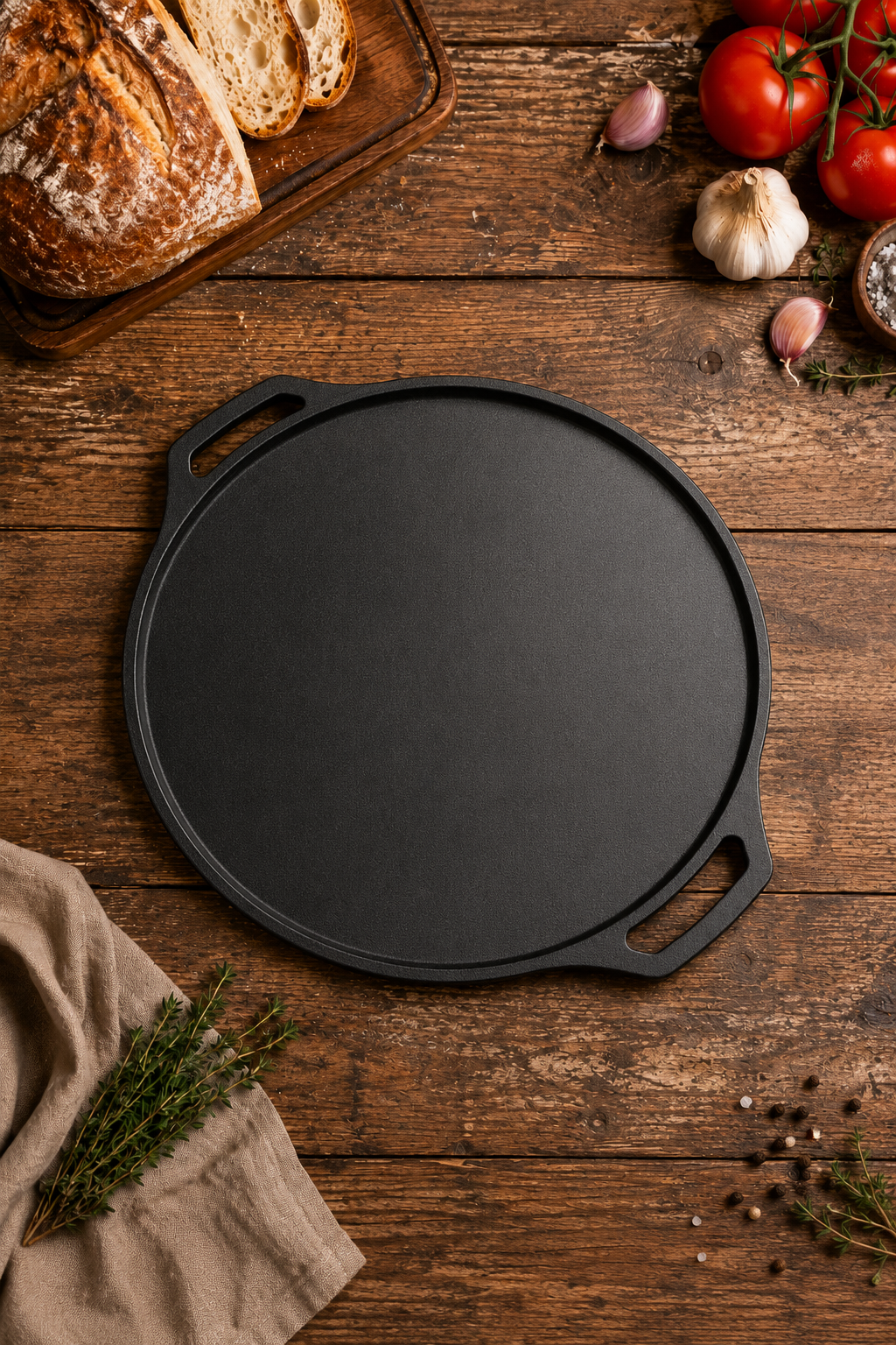 Roca Carpo 30cm Cast Iron Flat Griddle Pan with Double Handles | Naturally Non Stick, Pre Seasoned | Includes Cotton Handle Sleeves and Storage Bag