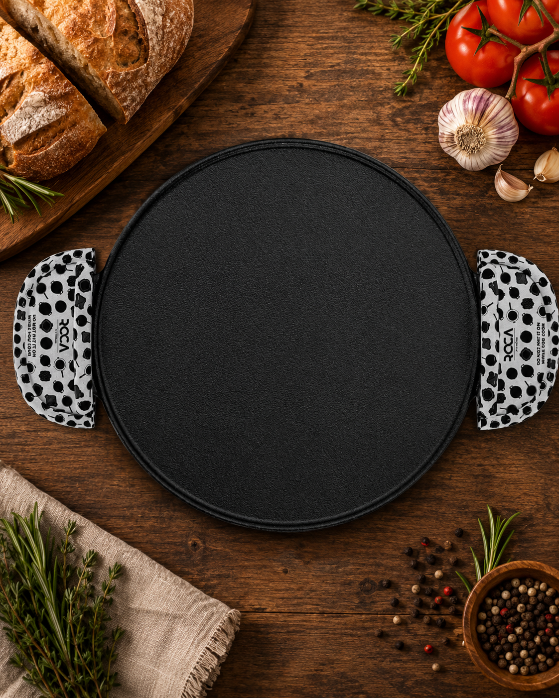 Roca Carpo 30cm Cast Iron Flat Griddle Pan with Double Handles | Naturally Non Stick, Pre Seasoned | Includes Cotton Handle Sleeves and Storage Bag