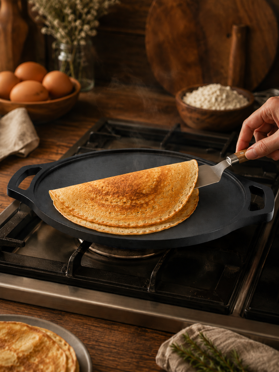 Roca Carpo 30cm Cast Iron Flat Griddle Pan with Double Handles | Naturally Non Stick, Pre Seasoned | Includes Cotton Handle Sleeves and Storage Bag