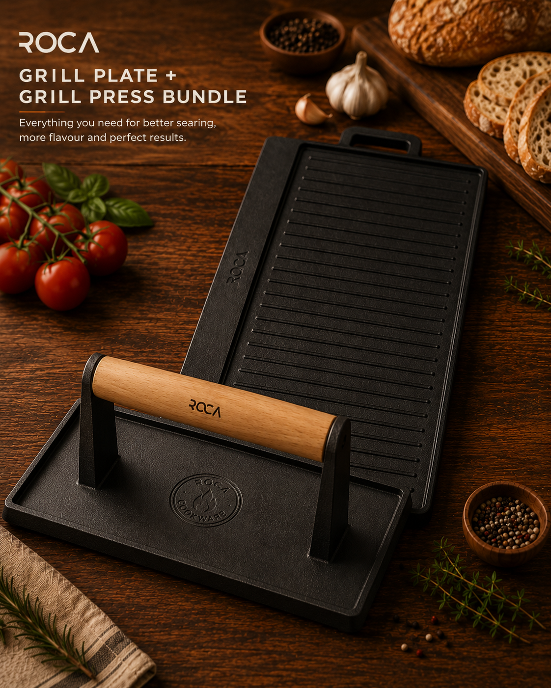 Reversible Heavy Cast Iron Grill Plate + Grill Press